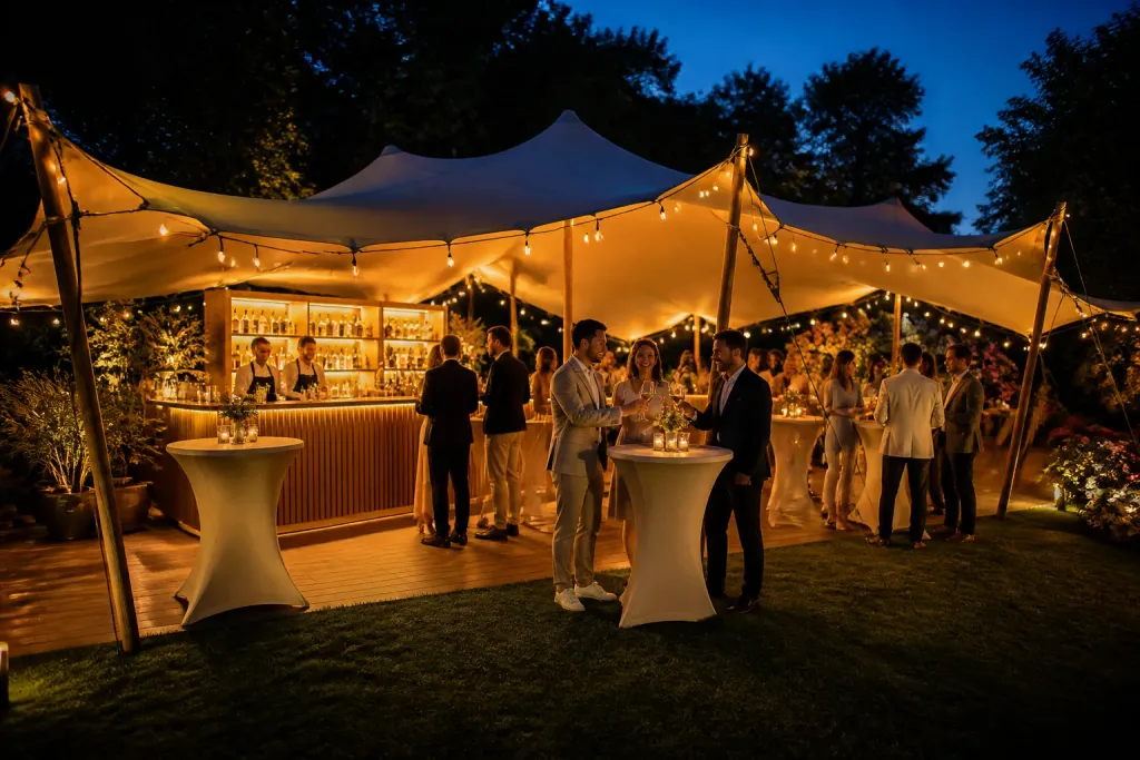warme stretchtent in avondtuin met bar, staantafels en feestende gasten onder sfeervolle verlichting