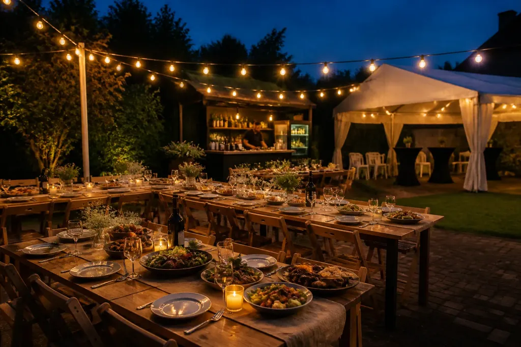 avondtuin met lichtslingers, lange feesttafels, buffet met eten en cateraar bij mobiele bar
