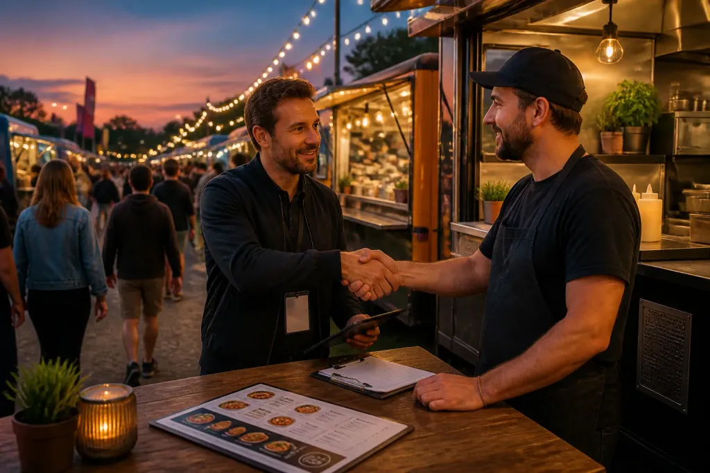 organisator die bij schemer een deal sluit met een foodtruck langs een druk festivalpad