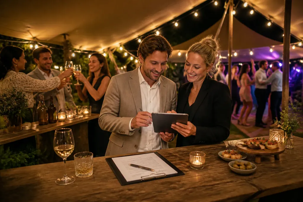 onder een warme stretchtent in een avondtuin tekent een gast een offerte bij de bar terwijl op de achtergrond gasten