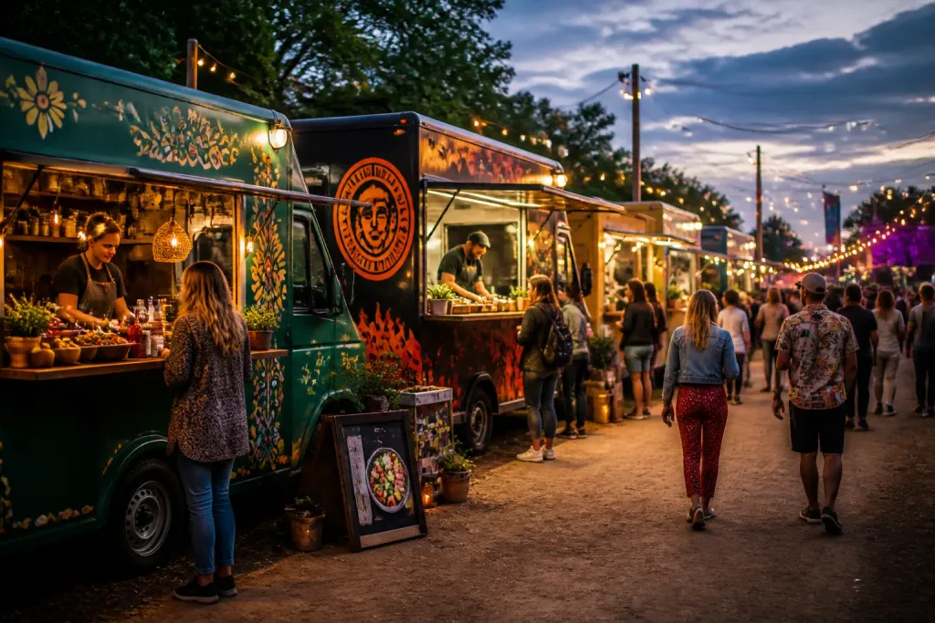 rij verlichte foodtrucks langs een druk festivalpad bij schemer met bezoekers die eten bestellen