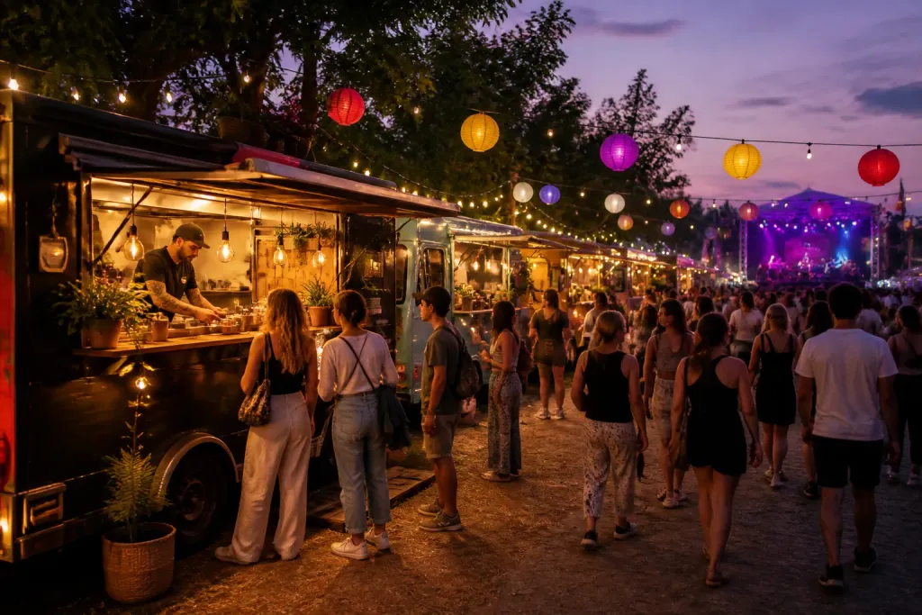 druk festivalpad bij schemer met verlichte foodtrucks en etende bezoekers in een kleurrijke setting