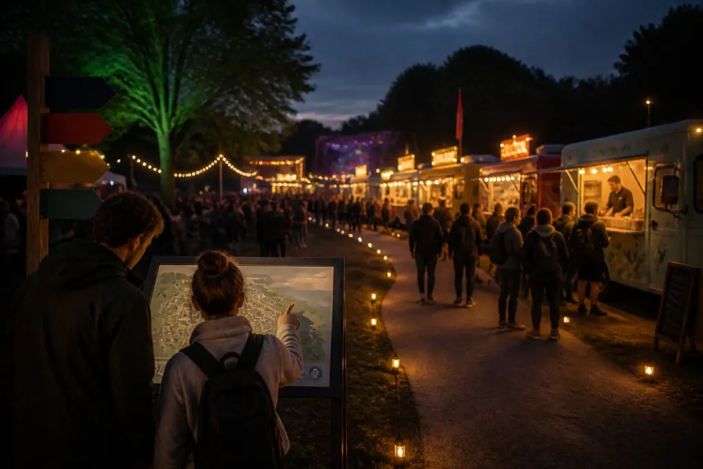 rij verlichte foodtrucks langs een festivalpad bij schemer met bezoekers die zich oriënteren met een routebord