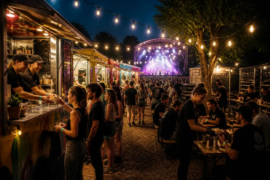 druk festivalterrein bij schemer met foodtrucks, etende bezoekers en crew die catering verzorgt