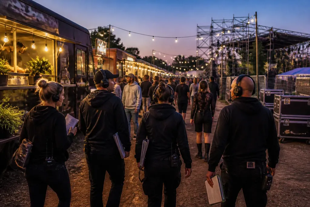 festivalcrew met headsets loopt langs verlichte foodtrucks bij schemer naast druk festivalpad