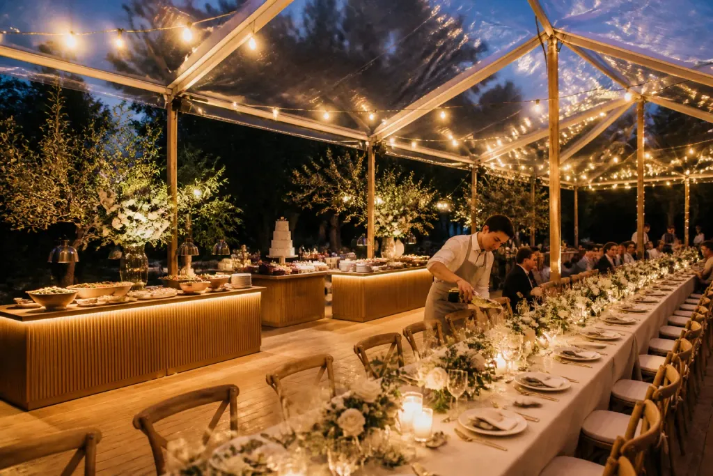 lange dinertafel onder prikkabels in tent met diverse cateringstations en bediening