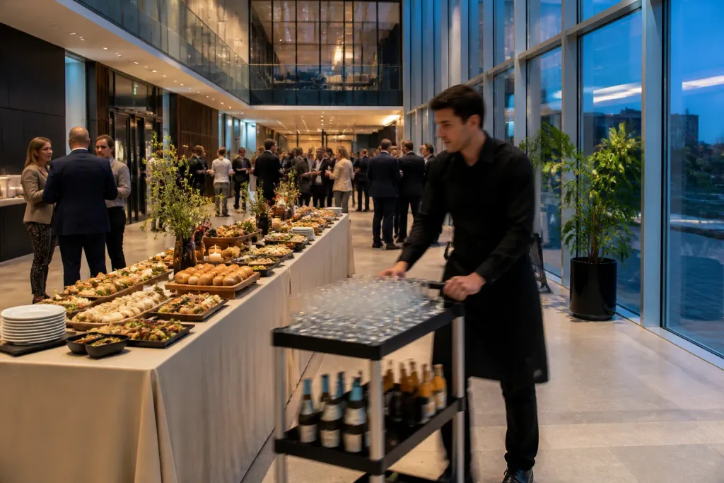 cateraar rolt een serveerkar met hapjes en drankjes een moderne bedrijfslobby binnen vlak voor een zakelijke borrel