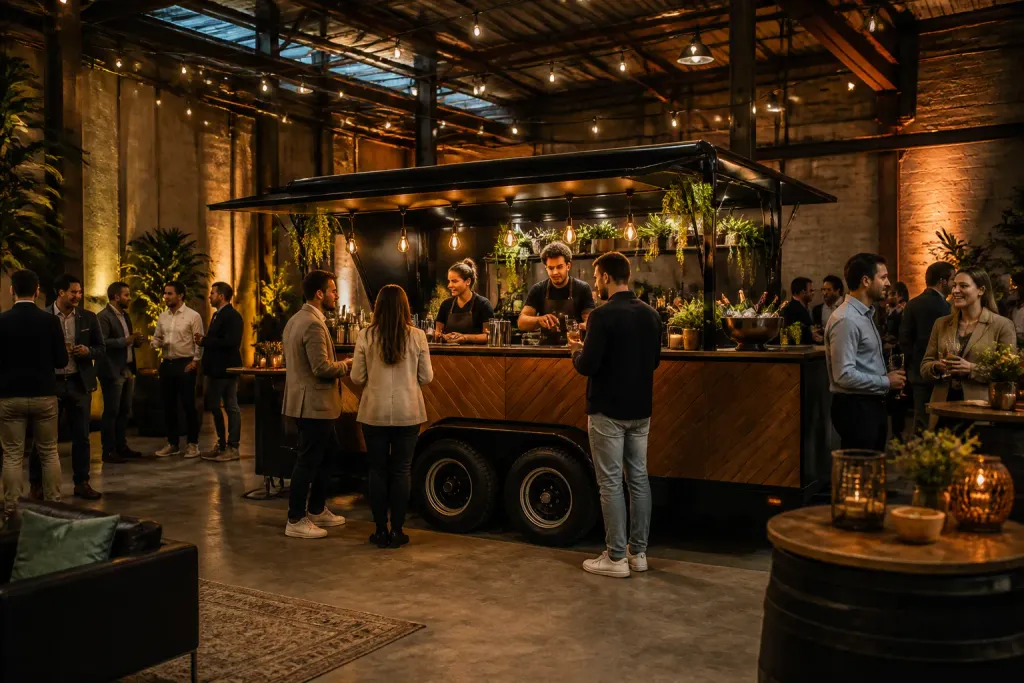mobiele cateringbar in industriële loods tijdens bedrijfsfeest met pratende collega’s eromheen