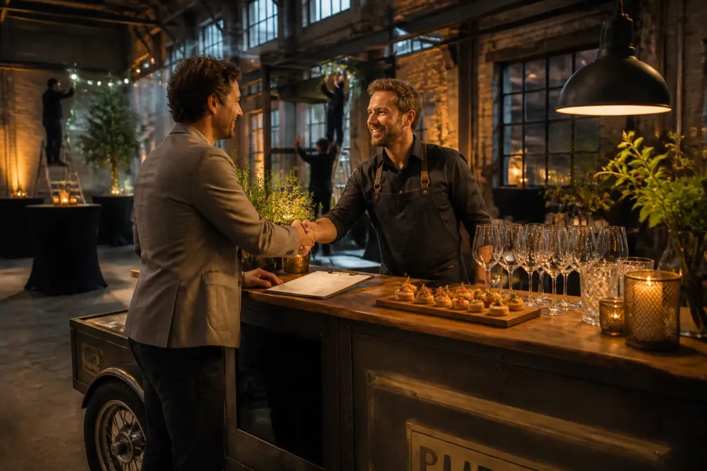 organisator schudt hand met cateraar aan mobiele bar in industriële loods terwijl bestelling wordt bevestigd