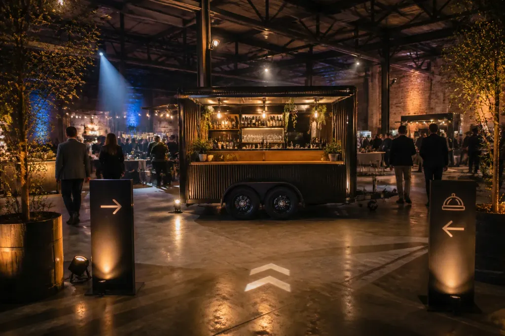 mobiele cateringbar fungeert als herkenbaar baken tussen routeborden in een industriële loods