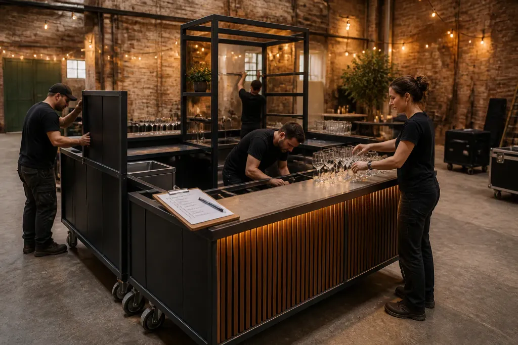 medewerkers bouwen een mobiele cateringbar op in een industriële loods met lichtslingers