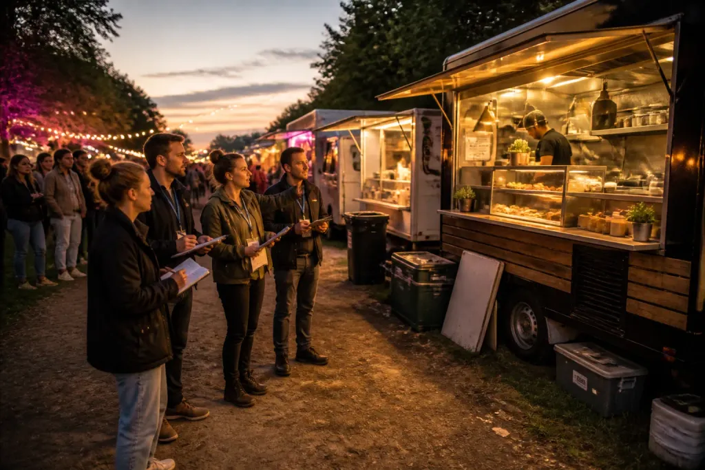 festivalorganisatoren lopen langs een rij verlichte foodtrucks bij schemer en bestuderen de keukens en menu’s