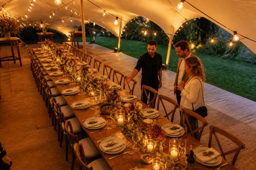 lange rijk gedekte dinertafel onder warme prikkabels in tent, met cateraar die details aan een stel uitlegt