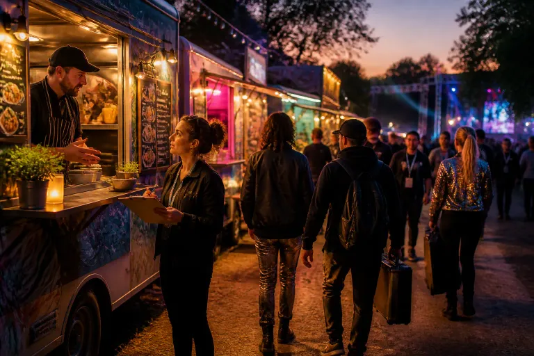 festivalmedewerkers en artiesten overleggen bij verlichte foodtrucks langs een druk festivalpad in de schemer
