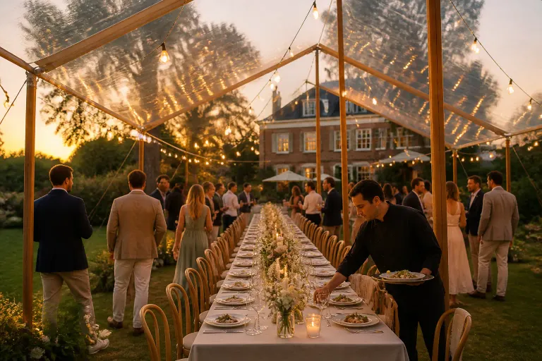 lange rijk gedekte dinertafel onder prikkabels in tent met gasten en cateraar in groene tuin