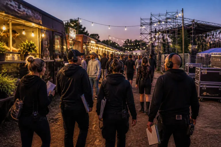 festivalcrew met headsets loopt langs verlichte foodtrucks bij schemer naast druk festivalpad