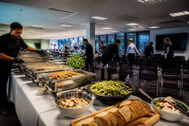 cateraar die op een kantoor last-minute een buffet met warme schalen en salades opbouwt
