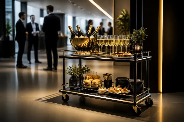 luxe serveerkar met hapjes en drankjes in een moderne bedrijfslobby, subtiel uitgelicht met zakenmensen op de achtergrond