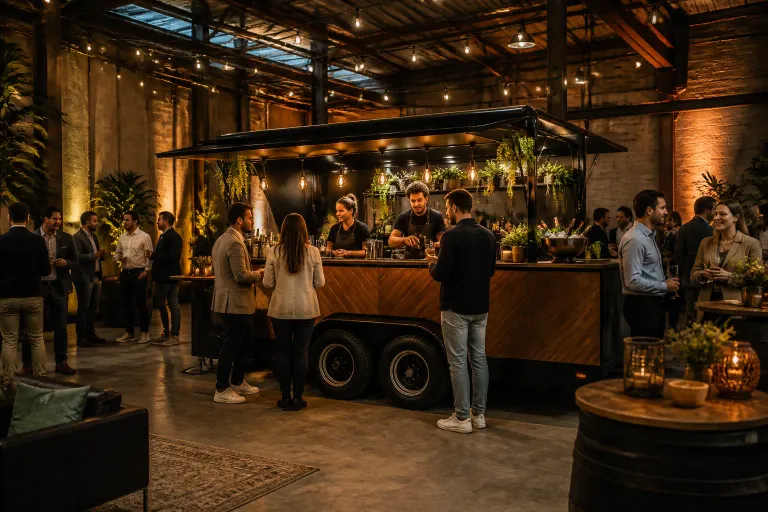 mobiele cateringbar in industriële loods tijdens bedrijfsfeest met pratende collega’s eromheen