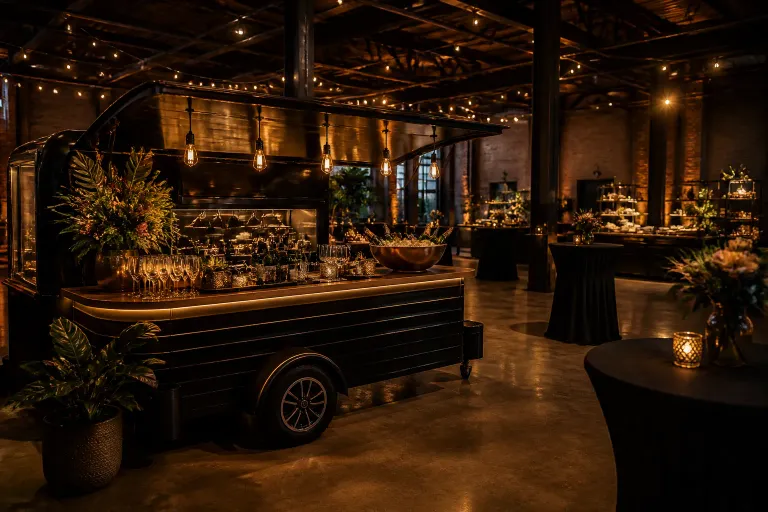 mobiele cateringbar in industriële loods met luxe hapjes, drankjes en sfeervolle verlichting