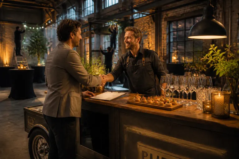 organisator schudt hand met cateraar aan mobiele bar in industriële loods terwijl bestelling wordt bevestigd