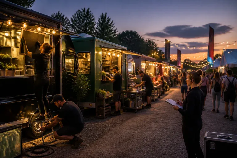 medewerkers bereiden een rij verlichte foodtrucks langs een druk festivalpad voor bij schemering
