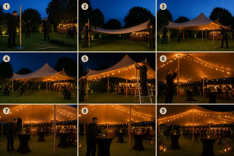 team bouwt in een avondtuin een warme stretchtent op met bar en eerste feestgasten op de achtergrond