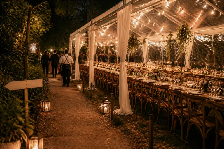 lange gedekte dinertafel onder prikkabels in tent langs een verlicht pad met kleine wegwijzers