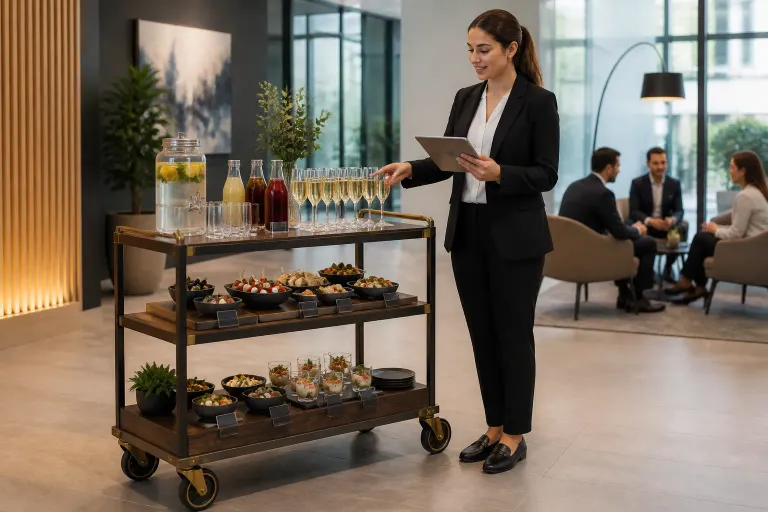 medewerker bekijkt serveerkar met hapjes en drankjes in moderne bedrijfslobby