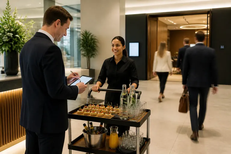 cateraar en medewerker bevestigen levering van serveerkar met hapjes in moderne lobby