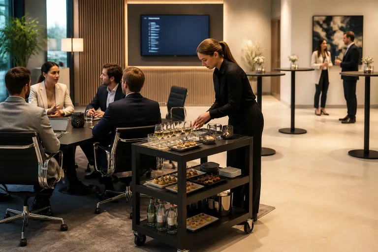 serveerkar met hapjes en drankjes in een moderne lobby naast een groep vergaderende collega’s