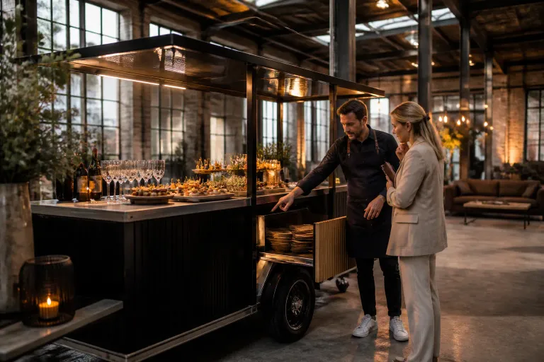 eventplanner bekijkt uitleg bij mobiele cateringbar in industriële loods met warme verlichting